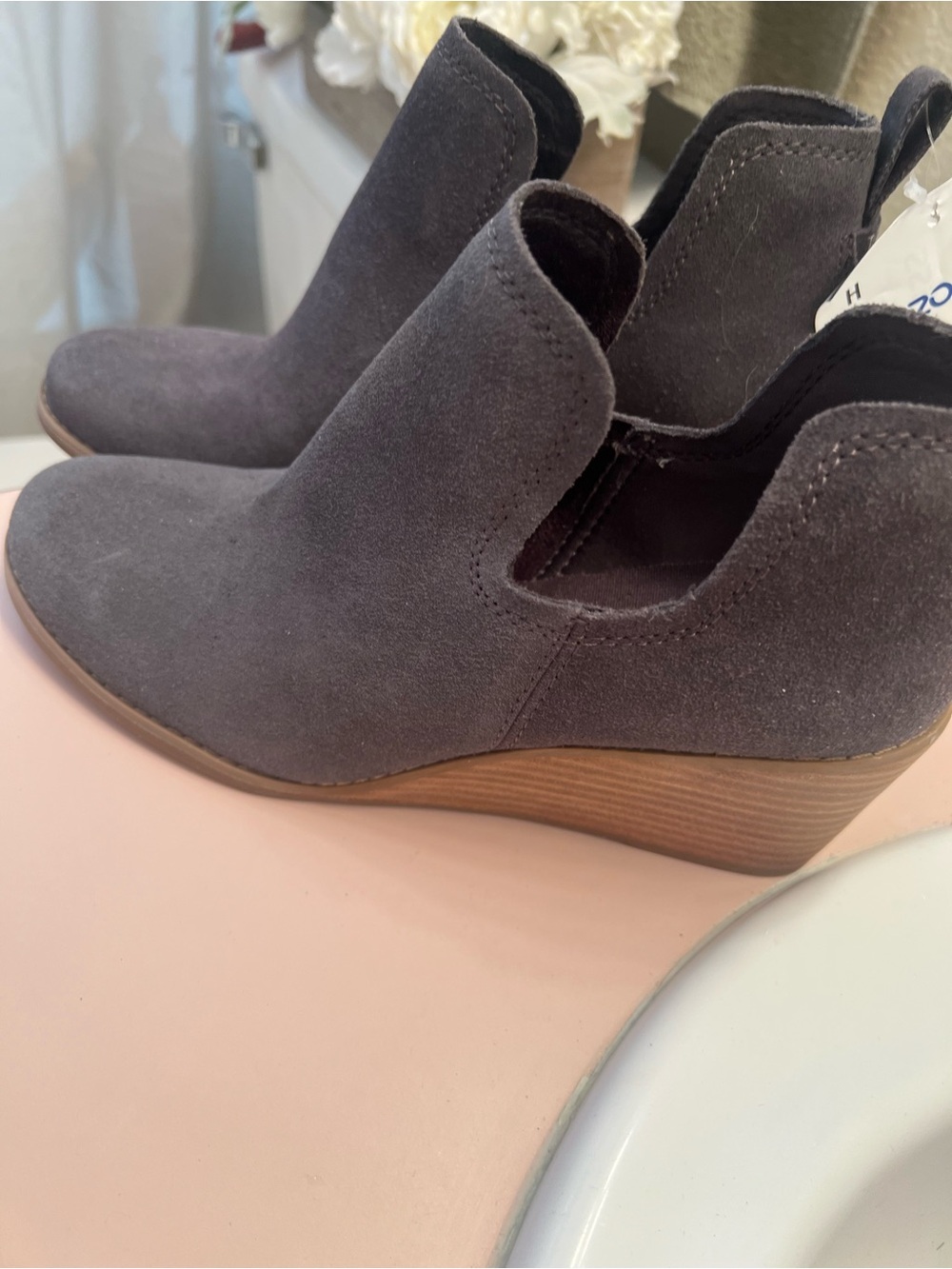 Toms Charcoal Suede Wedge Ankle Booties